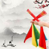 2PK Red Chopsticks Dance Prop with Flowing Squrare Hankerchief Ribbons Yellow Green 21849