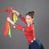 2PK Red Chopsticks Dance Prop with Flowing Squrare Hankerchief Ribbons Yellow Green 21849