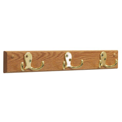 3 Double Prong Hook Rail/Coat Rack, Brass/Light Oak 104264