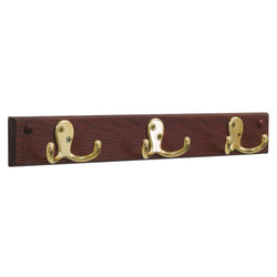 3 Double Prong Hook Rail/Coat Rack, Brass/Mahogany 104265