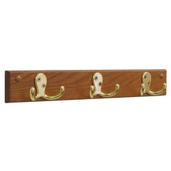 3 Double Prong Hook Rail/Coat Rack, Brass/Medium Oak 104266