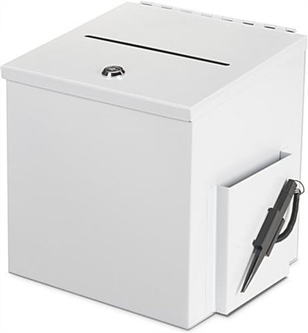 Metal Ballot Box W/ Side Pocket, Pen & Lock, Wall Or Countertop - Whit ...