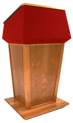 Wood Podium for Floor, Presidential Design, Open Shelving - Oak with Red Fabric 119802