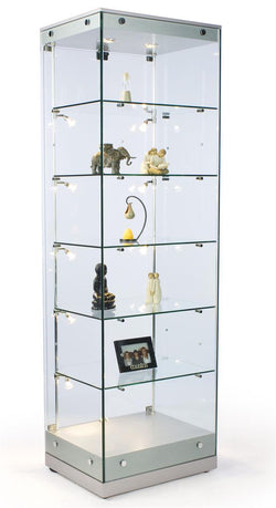 24" Glass Display Case w/Frameless Design, Adjustable Shelves, Hinged Door - Silver 119969