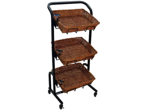 3 Tier Rectangular Basket Stand, Wheels, Metal Frame, Wicker - Black 120000