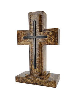 Wooden Pedestal Rugged Cross Metal Decor 5. 5WX3DX9"H Rustic Christian Cross