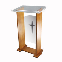 Wood Acrylic Podium, Optional Cross Plain Front Panel, 46.7" Tall - Brown 19655