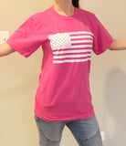 Pink T-Shirt with Amercian Flag Imprint on Front Short Sleeve